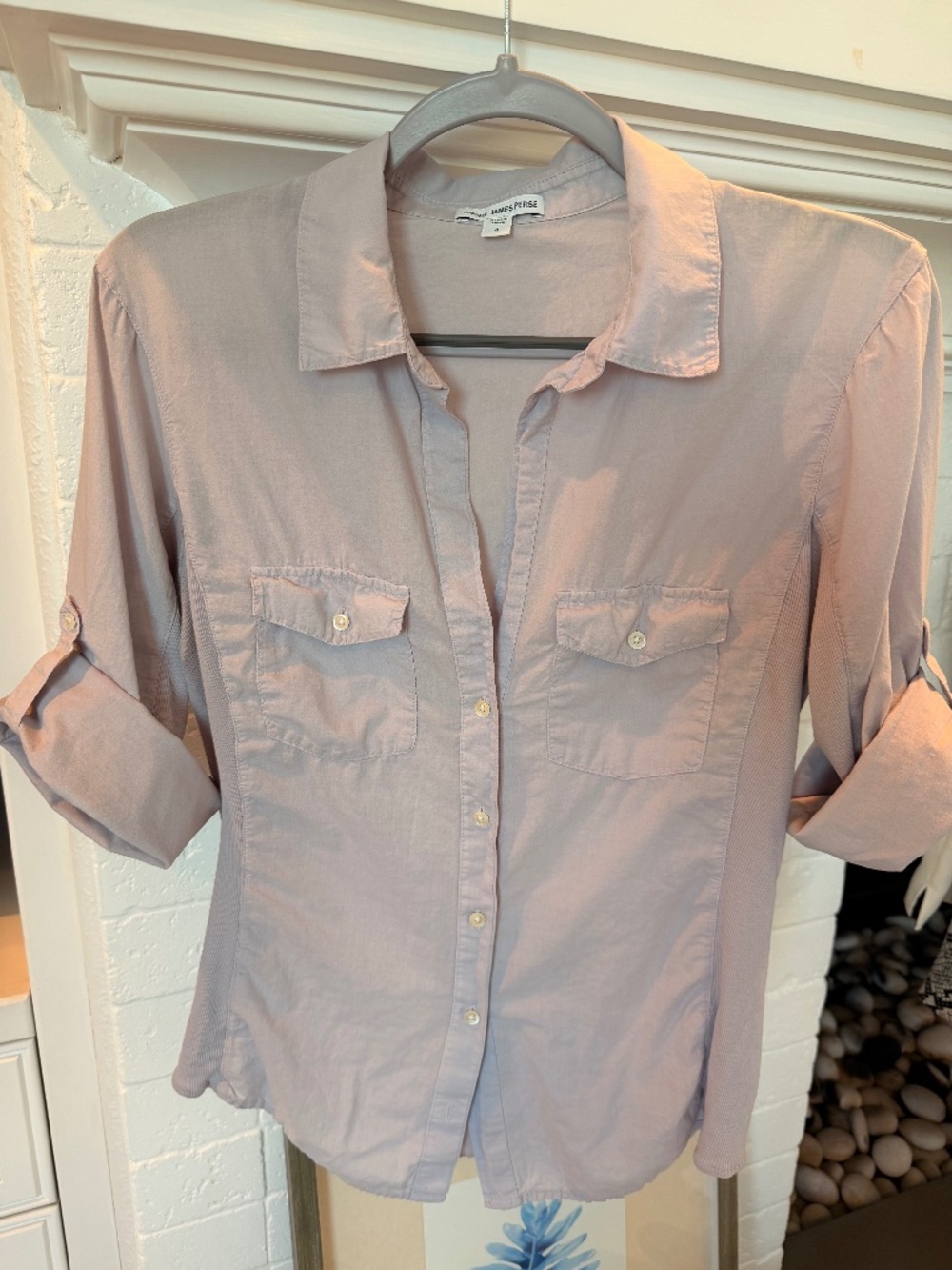 VGUC James Perse Sheer Slub Side Panel Shirt, button-down 3/4 sleeve top